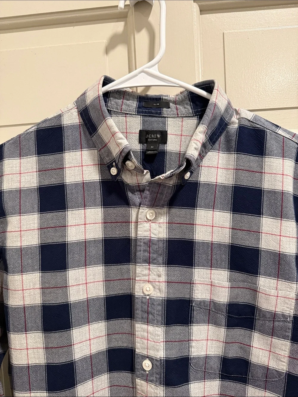 J. Crew Oxford Slim Fit Button Down Plaid Flannel Navy/White/Red Size M